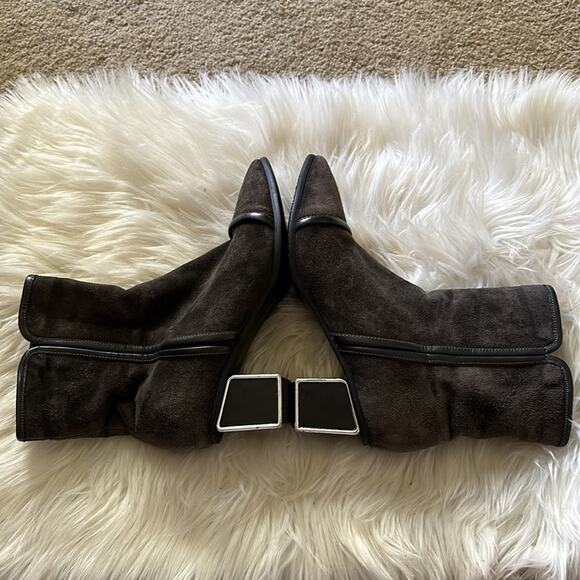 Brown/Gray Suede Block Heel Boots Size 7 - Picture 3 of 9